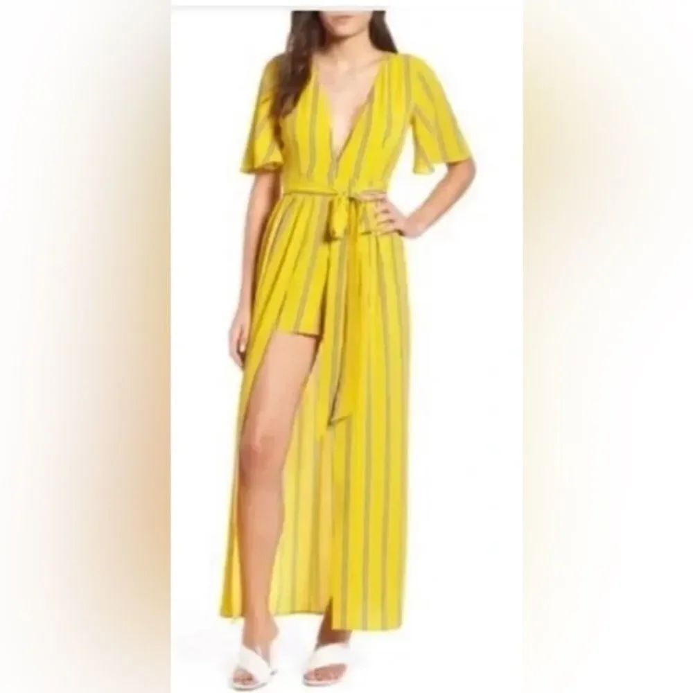 Socialite Striped Wrap Jumpsuit M Short Sleeve Tie Waist Open Back V-Neck S